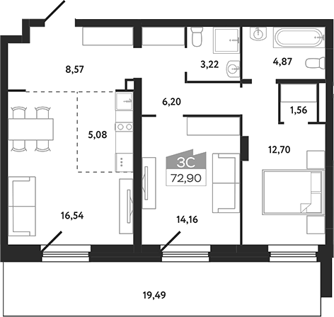 Планировка — Квартал 1604. Томск, 3-комн., 73 м²