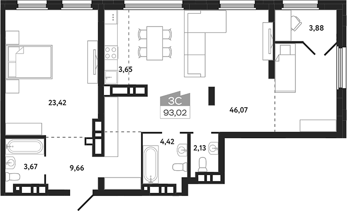 Планировка — Квартал 1604. Томск, 2-комн., 93 м²