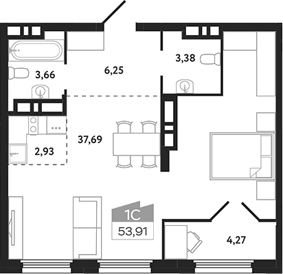 Планировка — Квартал 1604. Томск, Студия, 54 м²
