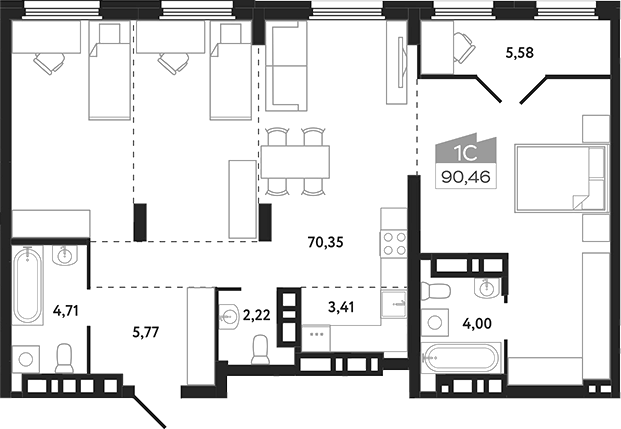 Планировка — Квартал 1604. Томск, Студия, 90 м²