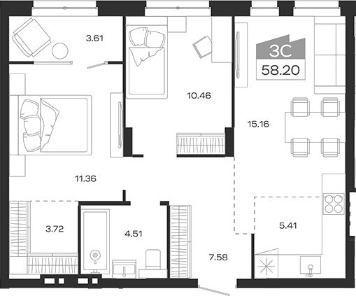 Планировка — Базилик, 3-комн., 58 м²