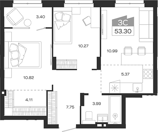 Планировка — Базилик, 3-комн., 53 м²