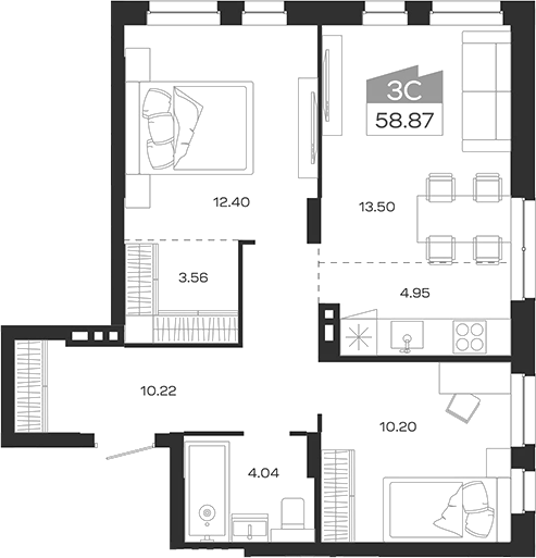 Планировка — Базилик, 3-комн., 59 м²