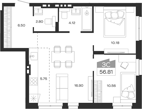 Планировка — Базилик, 3-комн., 57 м²