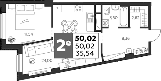 Планировка — Высотка, 2-комн., 50 м²