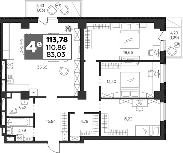Планировка — Высотка, 4-комн., 111 м²