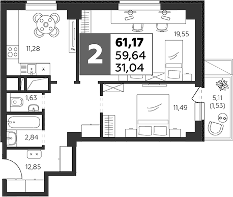 Планировка — Высотка, 2-комн., 60 м²