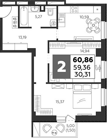 Планировка — Высотка, 2-комн., 59 м²