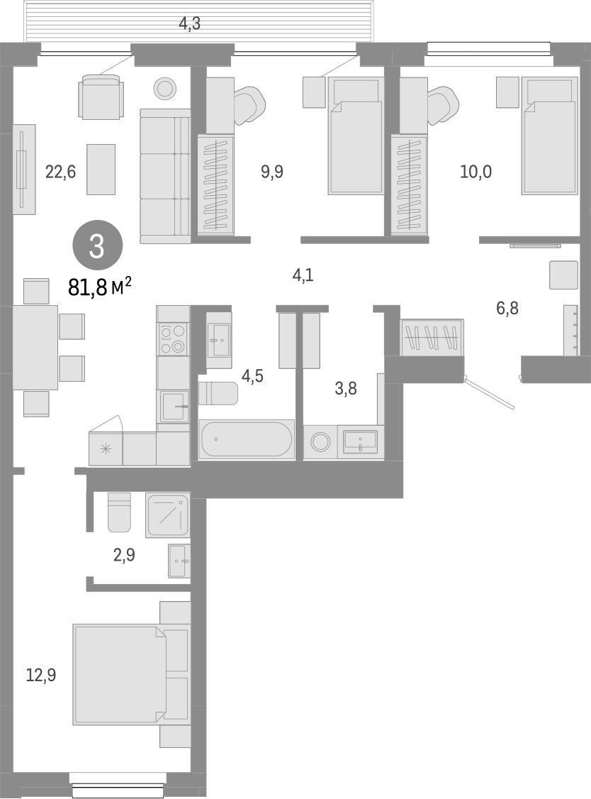 Планировка — Лебедевский, 4-комн., 78 м²