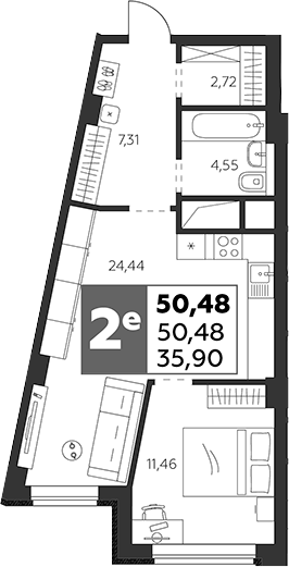 Планировка — Высотка, 2-комн., 50 м²