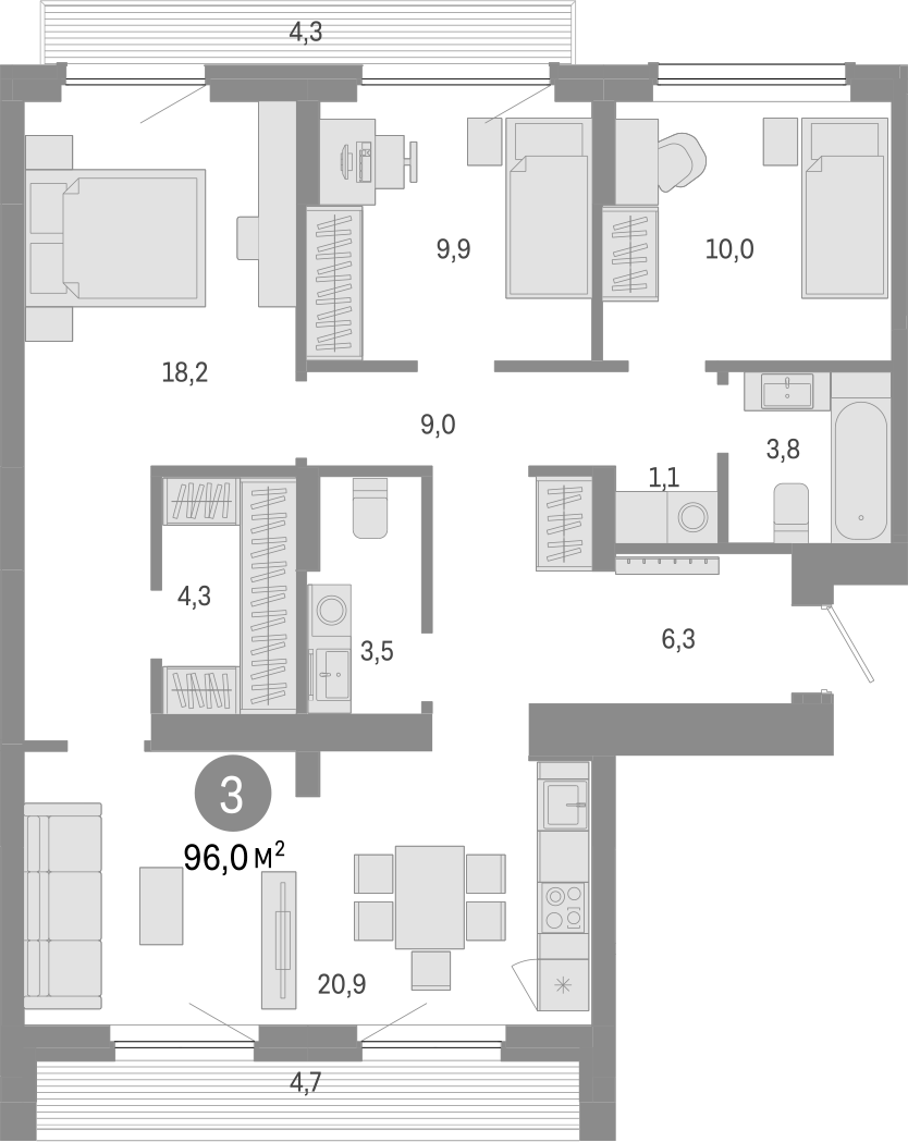 Планировка — Лебедевский, 4-комн., 87 м²