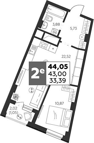 Планировка — Высотка, 2-комн., 43 м²
