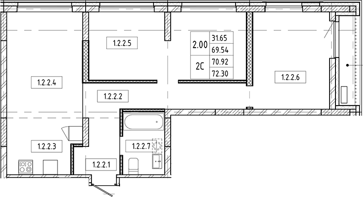 Планировка — Европейский берег, 3-комн., 70 м²