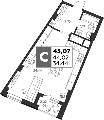 Планировка — Высотка, Студия, 44 м²
