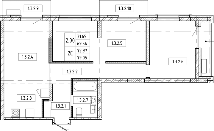 Планировка — Европейский берег, 3-комн., 70 м²