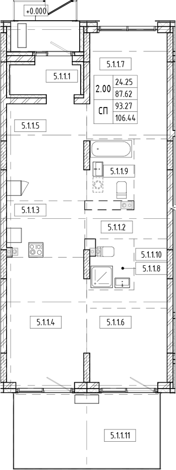Планировка — Европейский берег, 1-комн., 106 м²