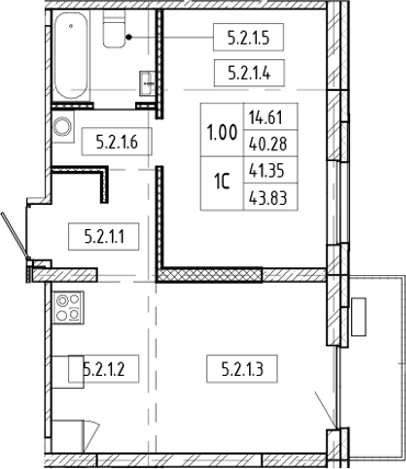 Планировка — Европейский берег, 2-комн., 40 м²