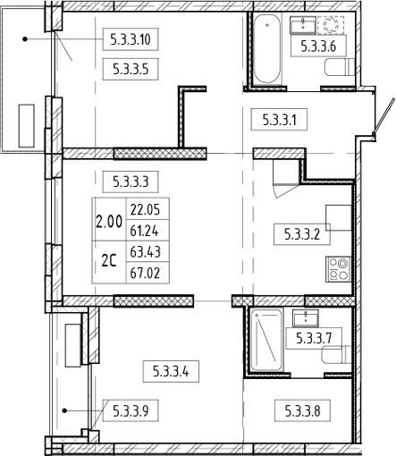 Планировка — Европейский берег, 3-комн., 61 м²