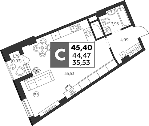 Планировка — Высотка, Студия, 44 м²