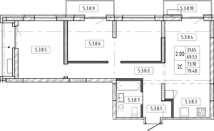 Планировка — Европейский берег, 3-комн., 70 м²