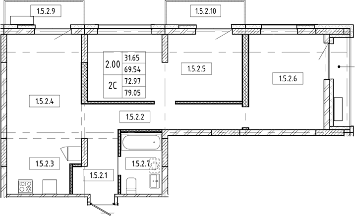 Планировка — Европейский берег, 3-комн., 70 м²