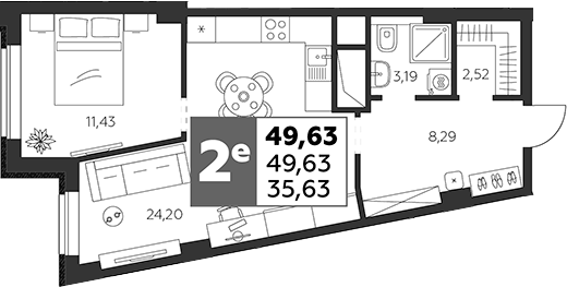 Планировка — Высотка, 2-комн., 50 м²