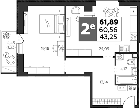 Планировка — Высотка, 2-комн., 61 м²
