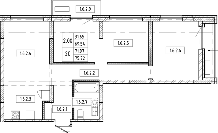 Планировка — Европейский берег, 3-комн., 70 м²