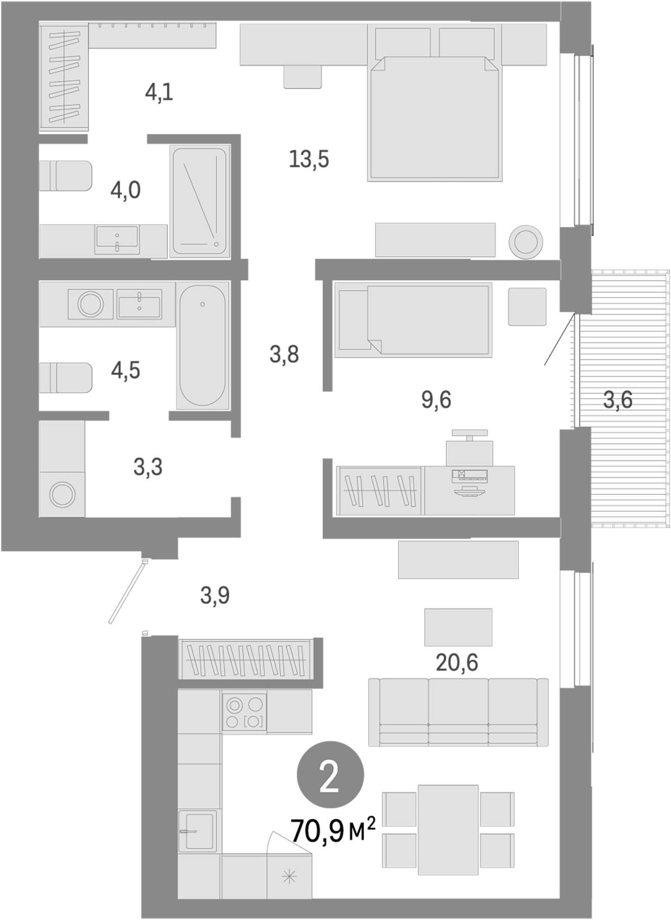 Планировка — Европейский берег, 3-комн., 67 м²