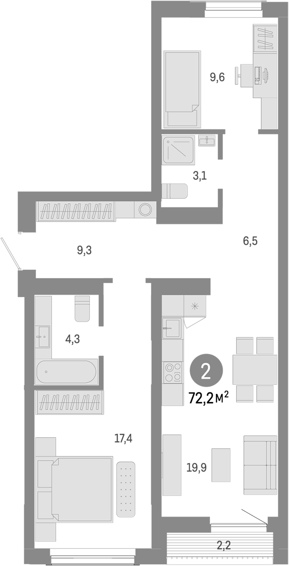 Планировка — Европейский берег, 3-комн., 70 м²