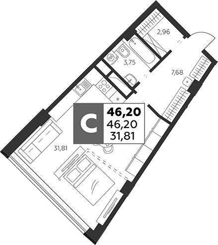 Планировка — Высотка, Студия, 46 м²