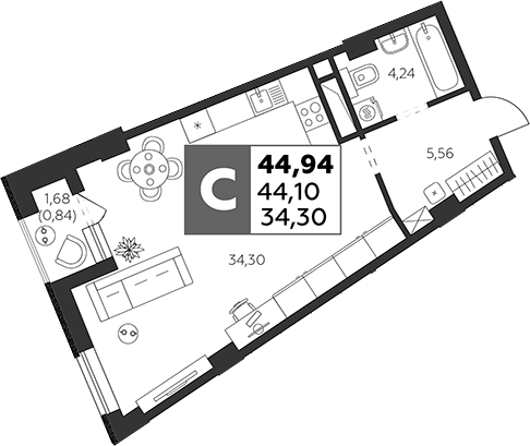Планировка — Высотка, Студия, 44 м²