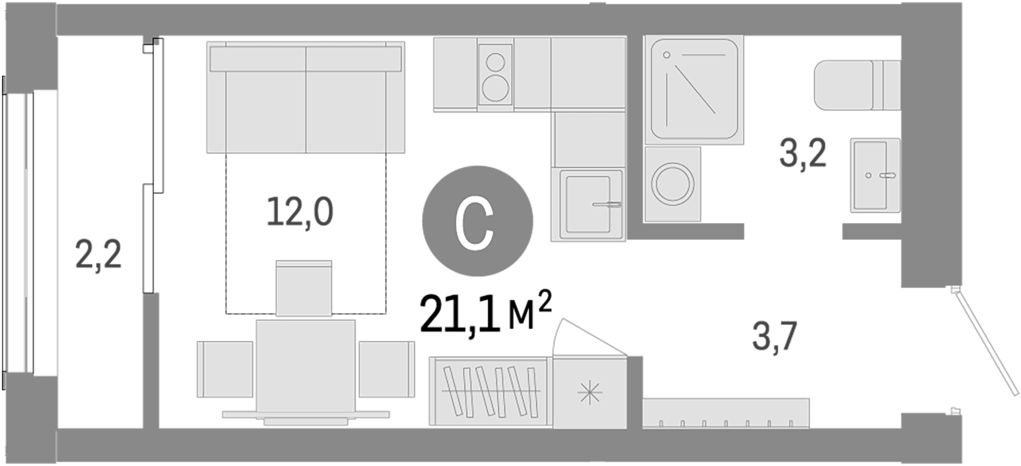 Планировка — Европейский берег, Студия, 19 м²