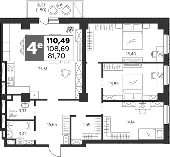 Планировка — Высотка, 4-комн., 109 м²