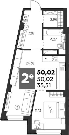 Планировка — Высотка, 2-комн., 50 м²