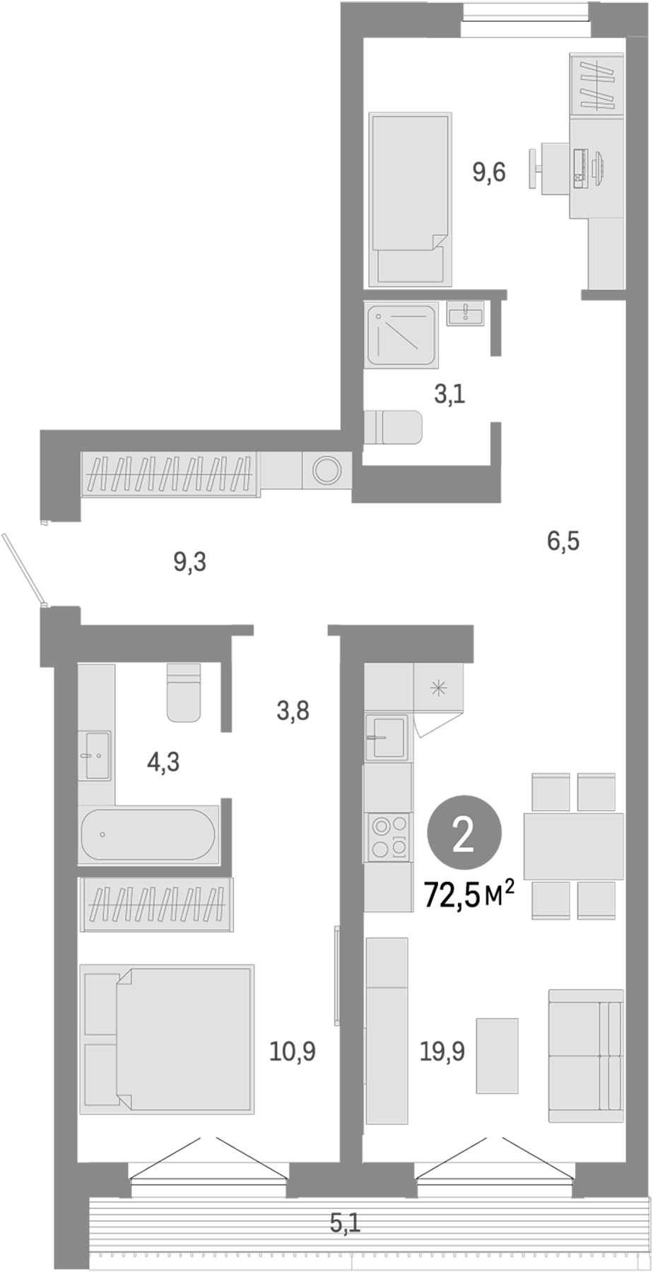 Планировка — Европейский берег, 3-комн., 67 м²