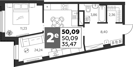 Планировка — Высотка, 2-комн., 50 м²