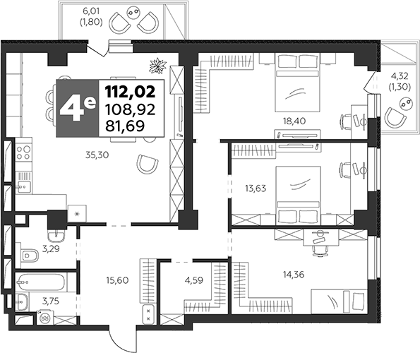 Планировка — Высотка, 4-комн., 109 м²