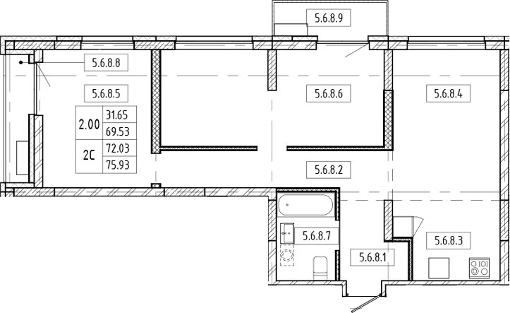 Планировка — Европейский берег, 3-комн., 70 м²