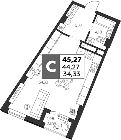 Планировка — Высотка, Студия, 44 м²