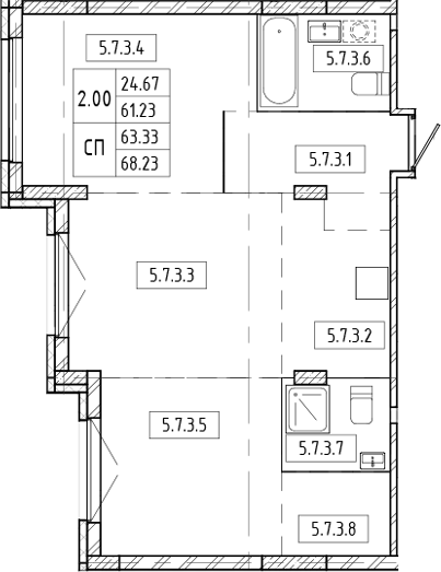 Планировка — Европейский берег, 1-комн., 68 м²