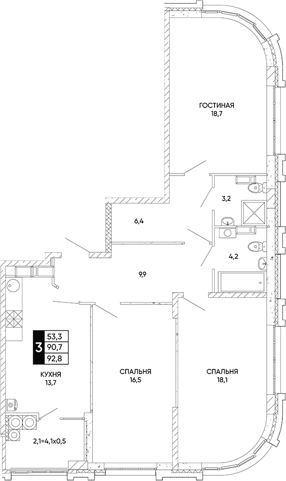 Планировка — Левобережье, 3-комн., 91 м²