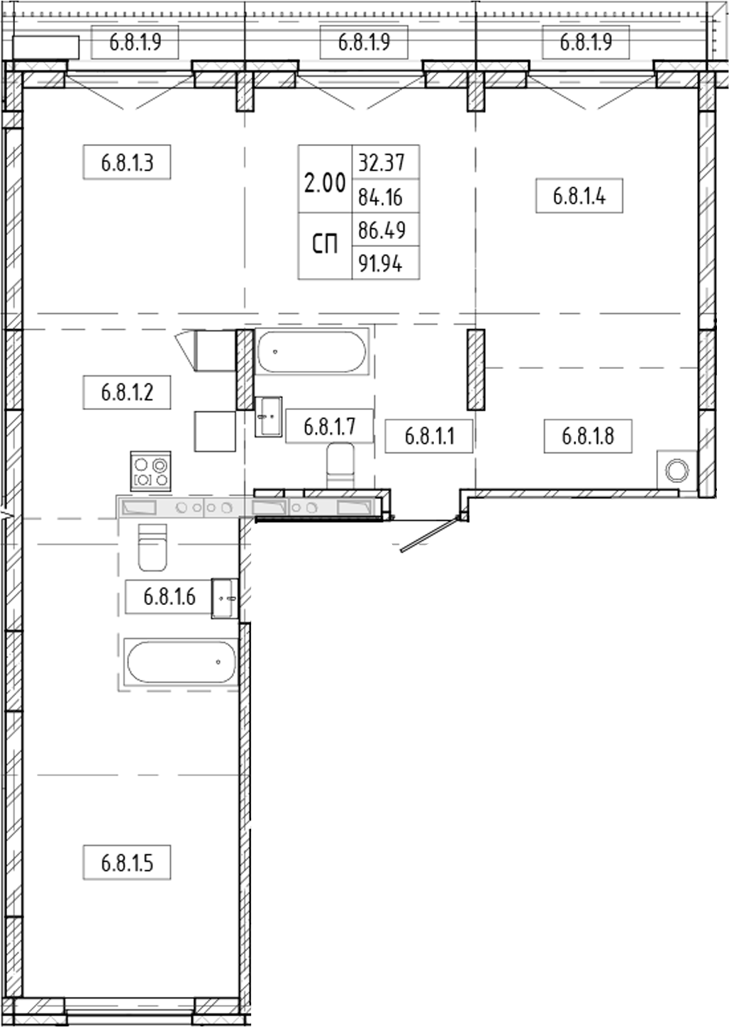 Планировка — Европейский берег, 1-комн., 84 м²
