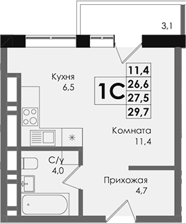 Планировка — Academia, Студия, 27 м²