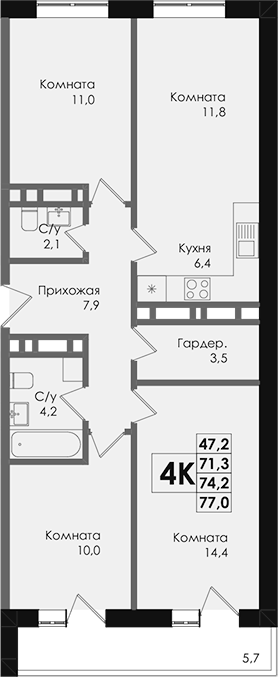 Планировка — Academia, 3-комн., 71 м²