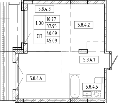 Планировка — Европейский берег, 1-комн., 43 м²