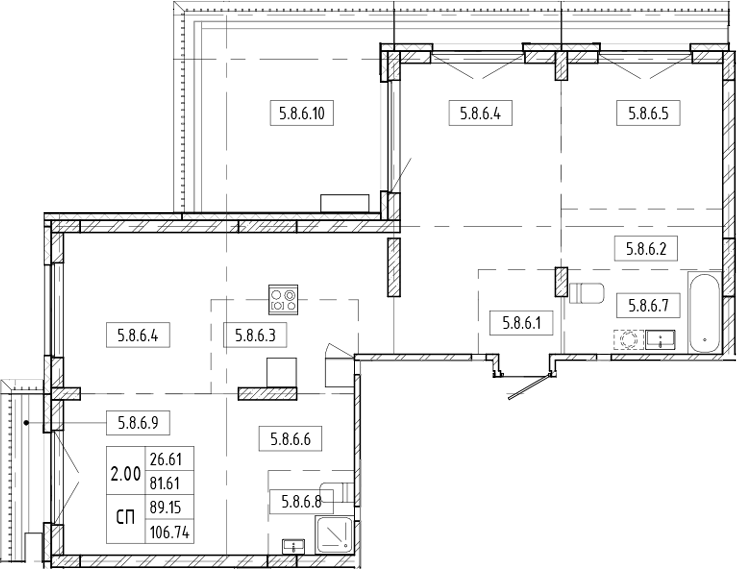 Планировка — Европейский берег, 1-комн., 107 м²