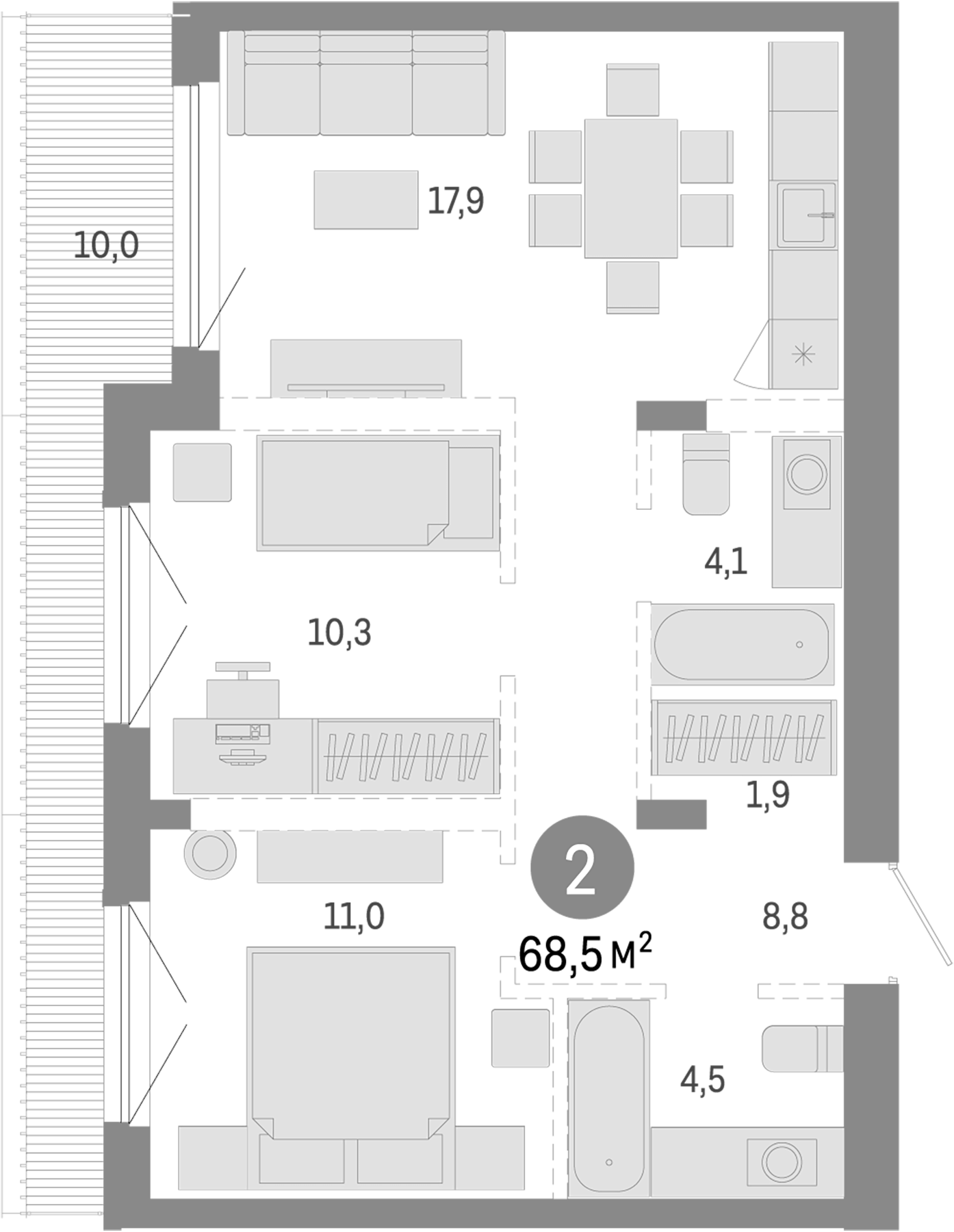 Планировка — Европейский берег, 2-комн., 59 м²