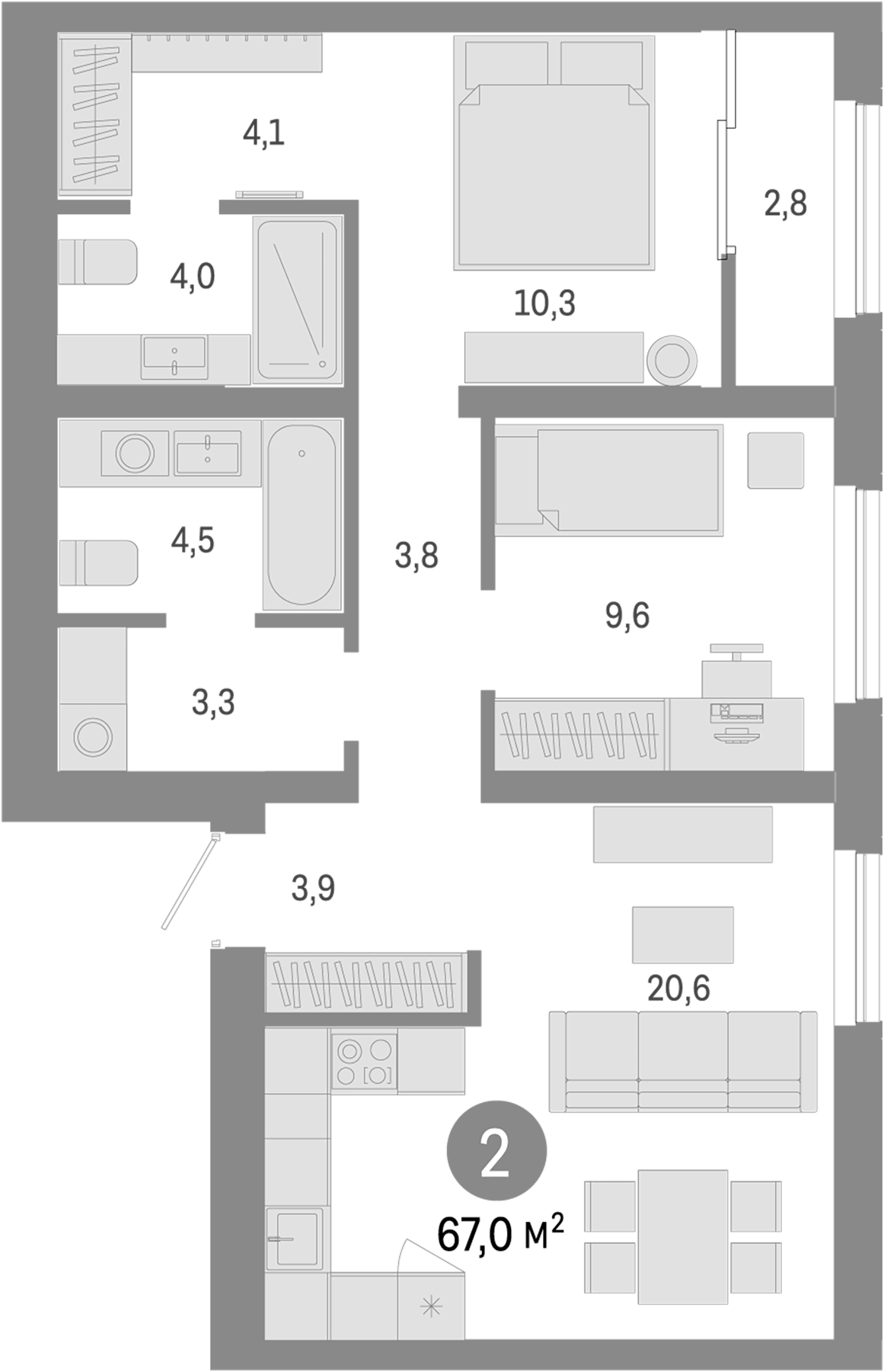 Планировка — Европейский берег, 3-комн., 64 м²