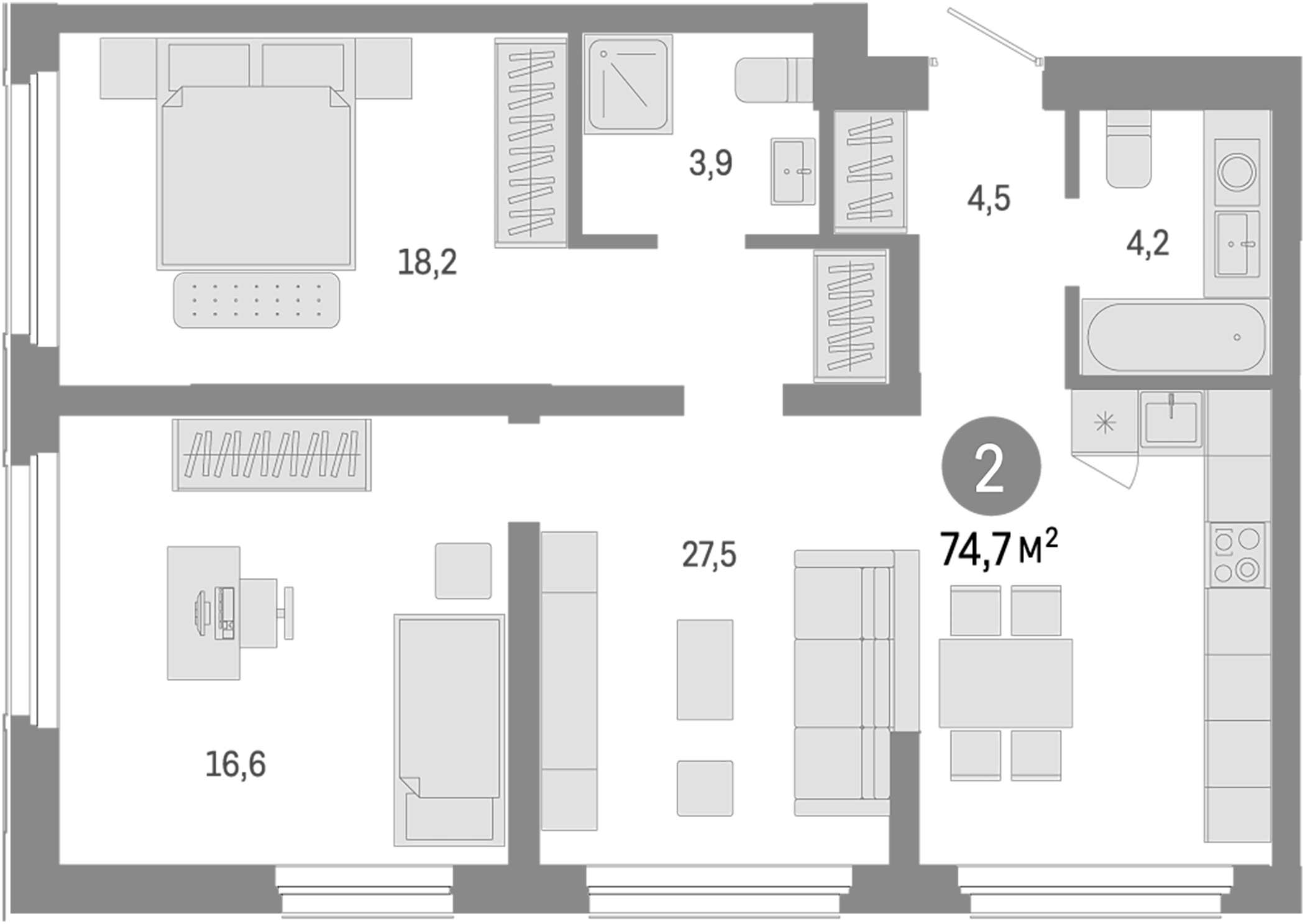 Планировка — Европейский берег, 3-комн., 75 м²